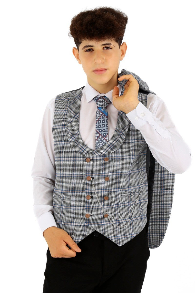 Jungen Windowpane Karo Slim Fit Anzug - Blau - Schwarz