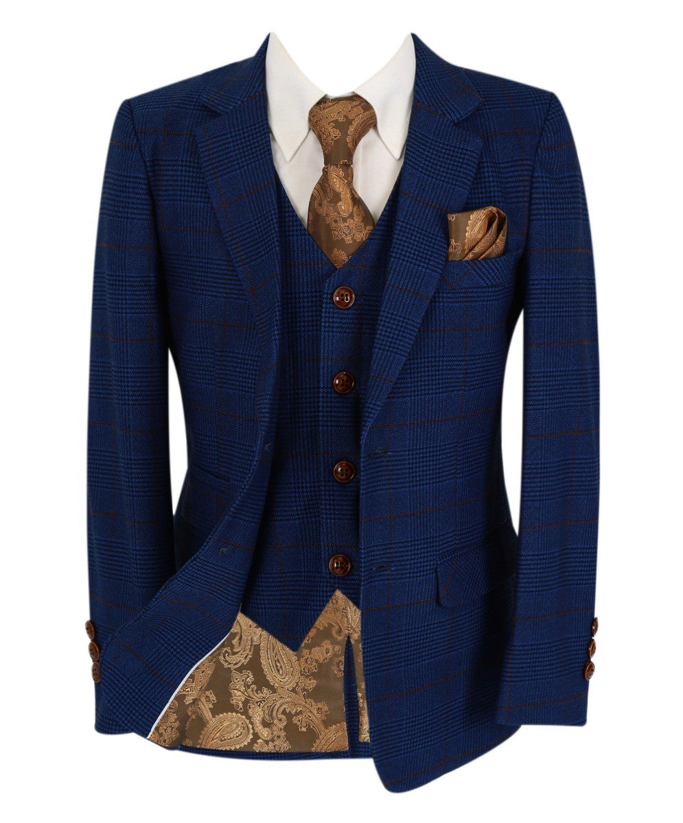 Costume en Tweed à Carreaux Tailored Fit Bleu Marine pour Garçons - ALEX - Bleu Royal