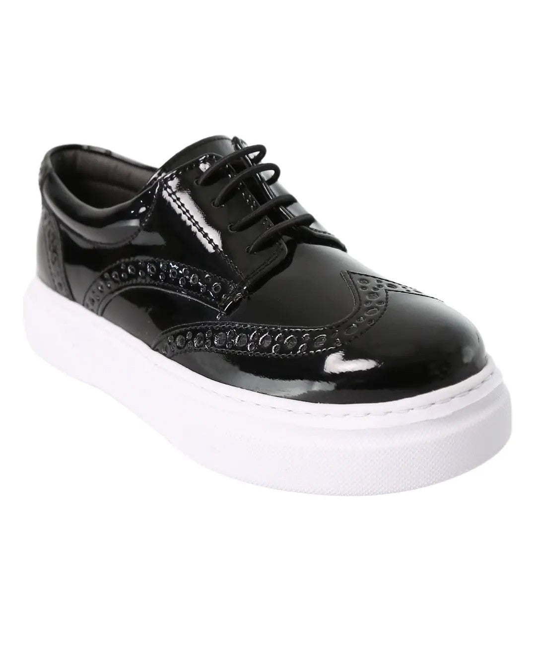 Boys Patent Brogue Lace up Thick Sole Black Shoes - Black