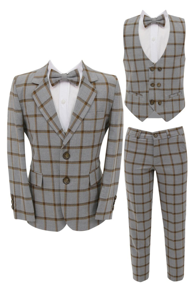 Ensemble Costume à Carreaux Windowpane 7 Pièces pour Garçons - Marron