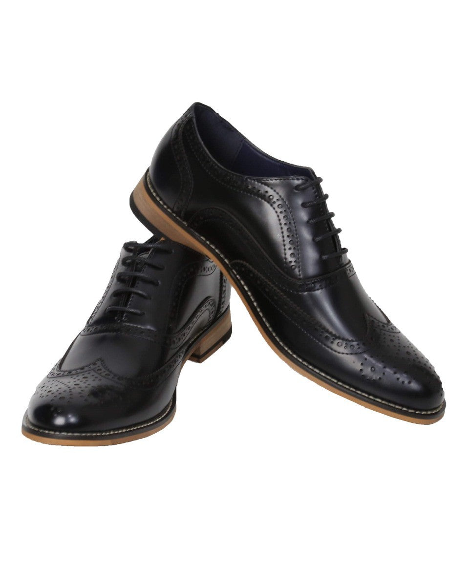 Men's Lace Up Leather Brogue Shoes - OXFORD - Black