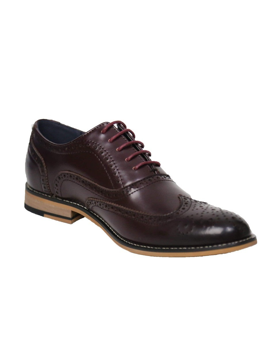 Men's Lace Up Leather Brogue Shoes - OXFORD - Wine