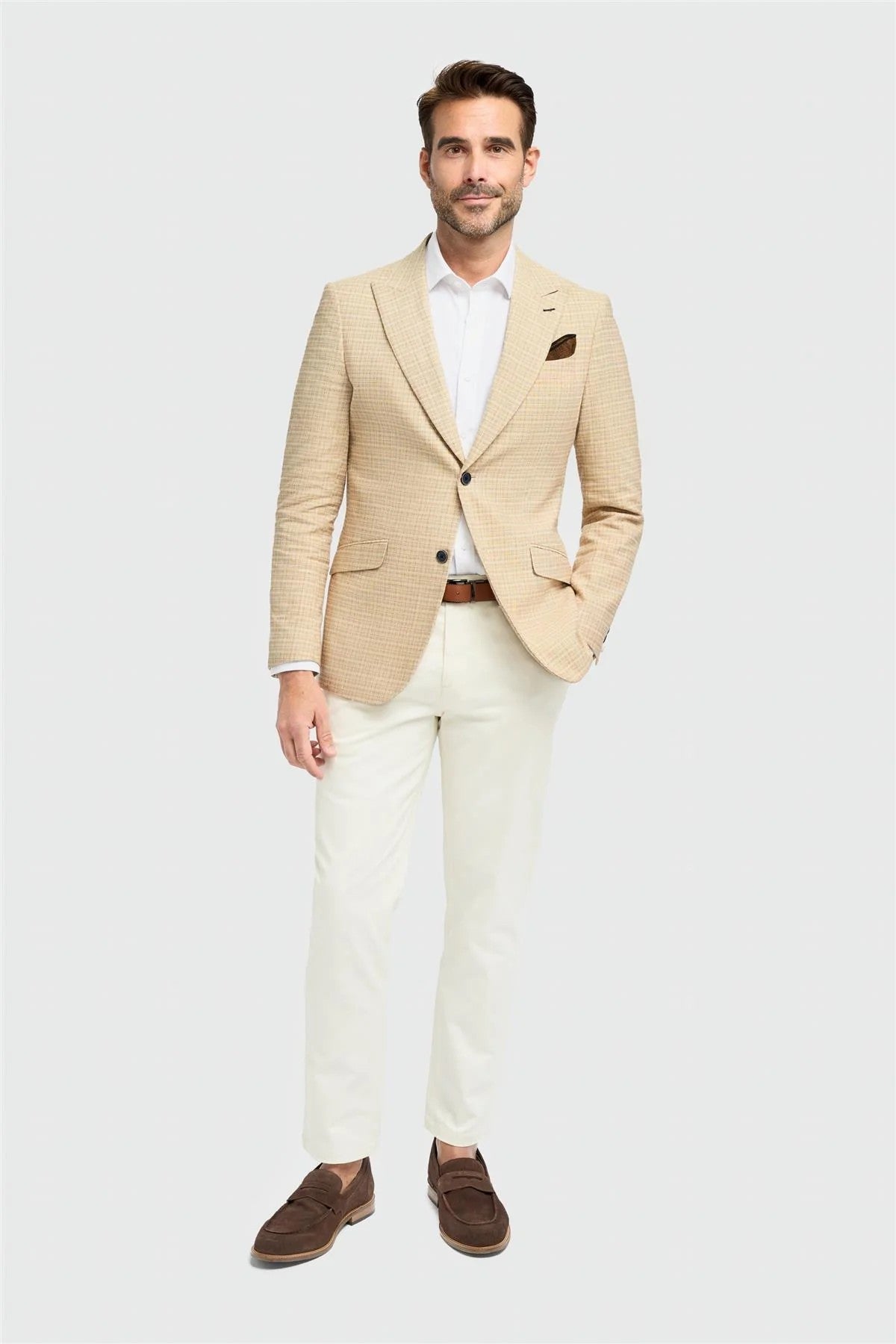 Herren Beiger Slim Fit Karo Blazer - KOVA - Beige