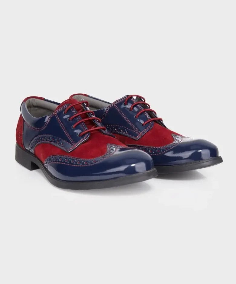 Chaussures Derby Brogue en Cuir Verni et Suède pour Garçons - Bleu Marine - Bordeaux