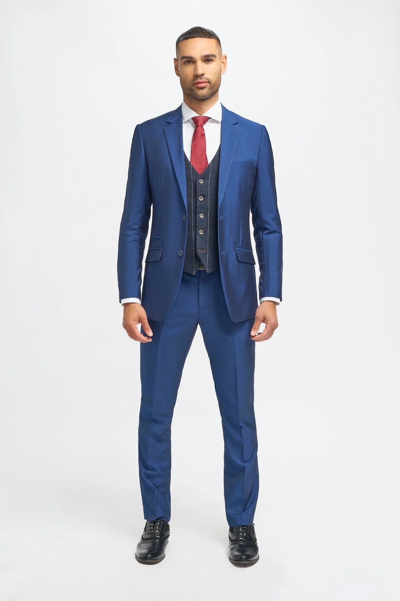 Herren Königsblauer Slim Fit 3-teiliger Anzug mit marineblauer Fensterrahmen Tweed Weste - Blau