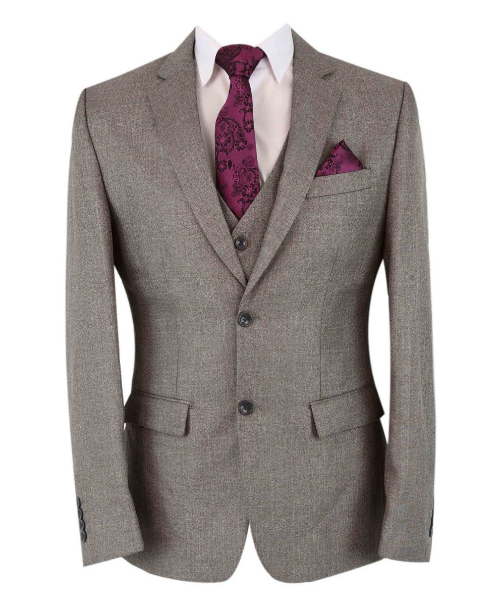 Men's Textured Tailored Fit Suit - ADRIAN - Dark Beige