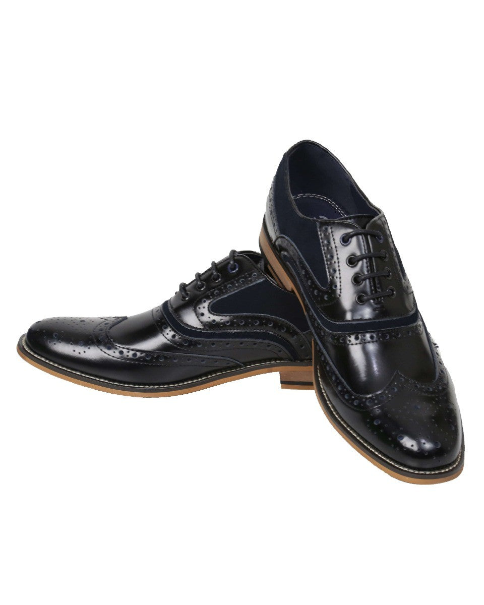 Men's Lace Up Suede & Leather Brogues Shoes -ETHAN - Black - Navy Blue