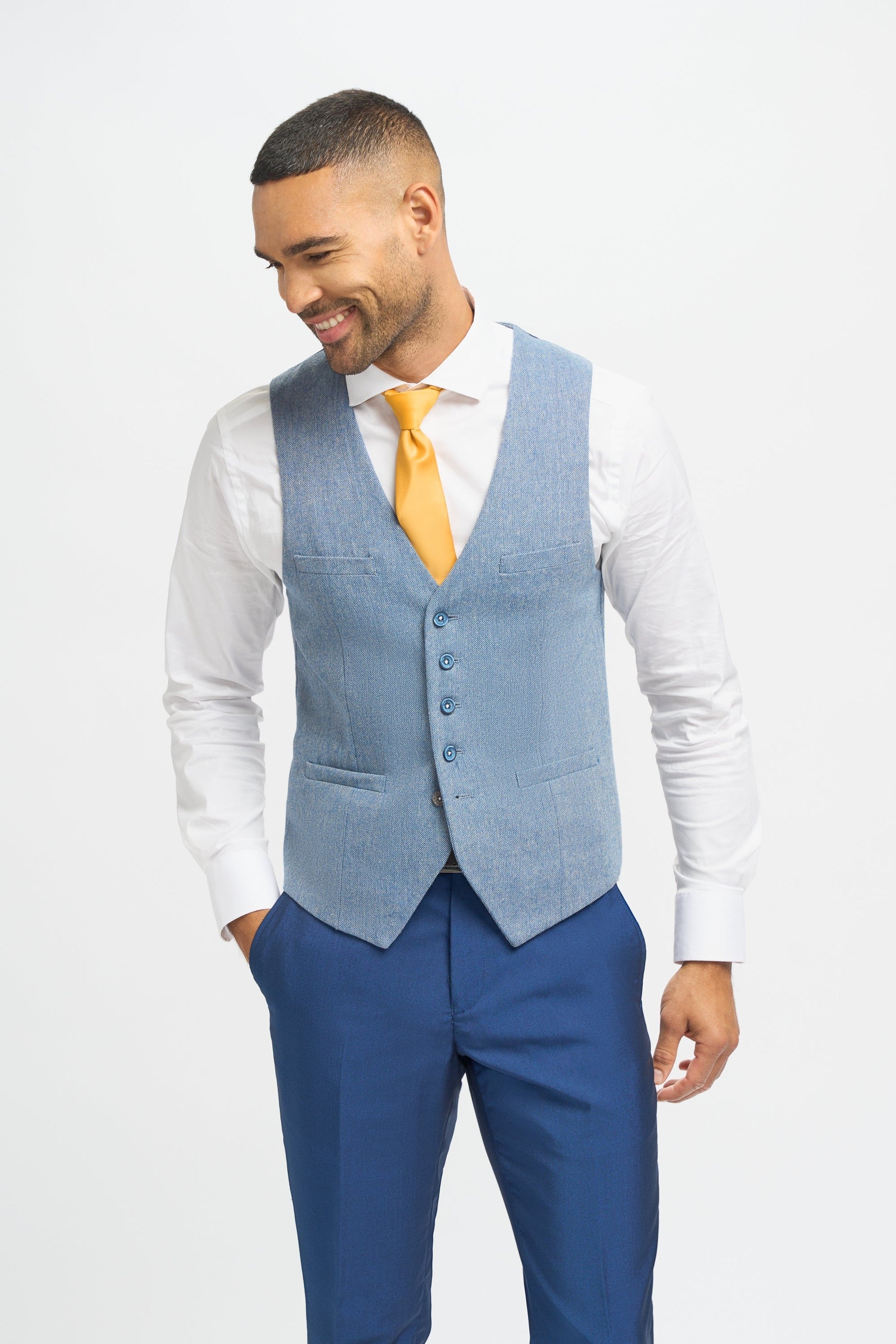 Herren Königsblauer Slim Fit 3-teiliger Hochzeitsanzug mit hellblauer Tweed-Weste - Marineblau