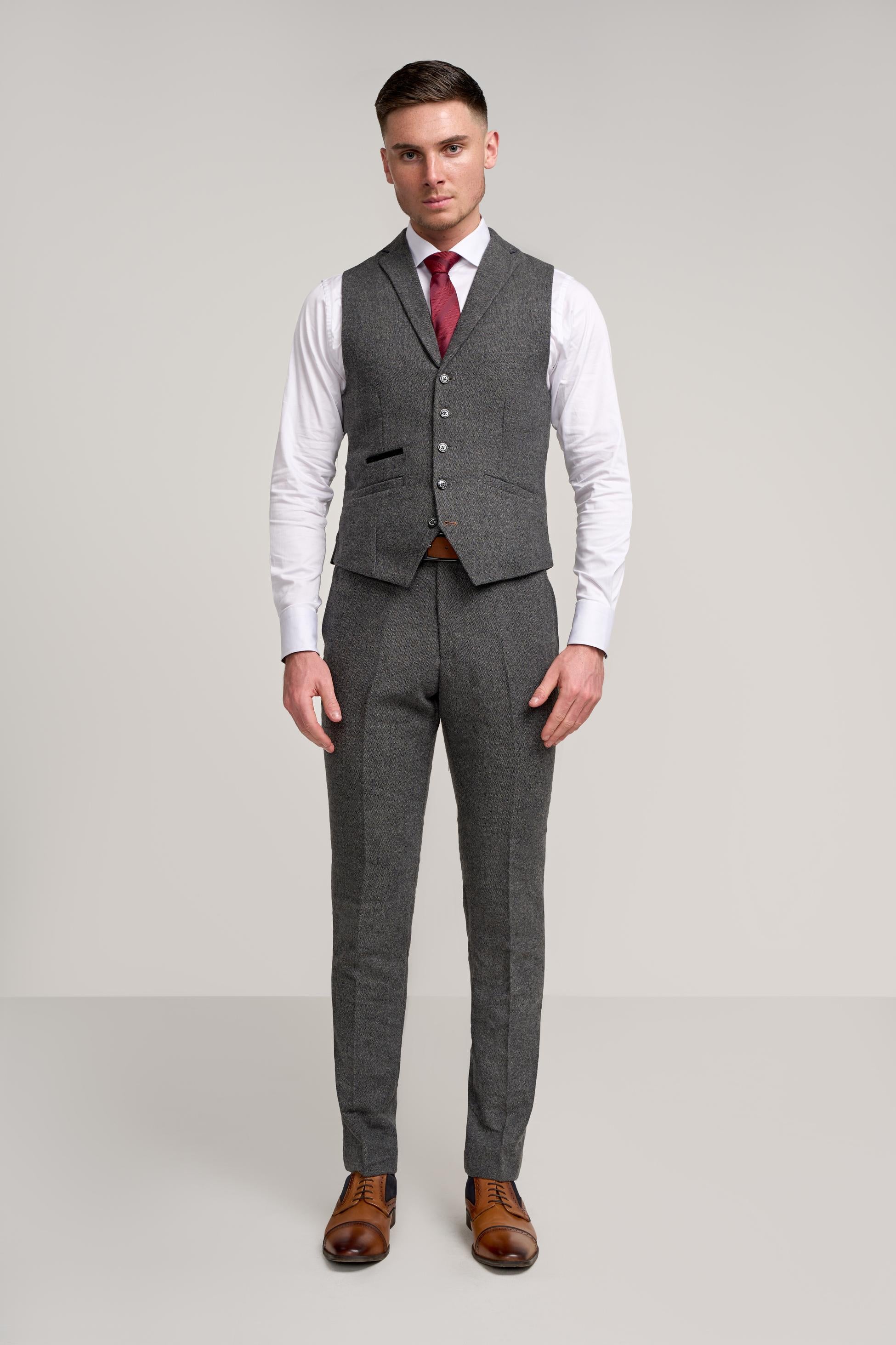 Men’s Grey Herringbone Tweed Waistcoat - COSMO - Grey