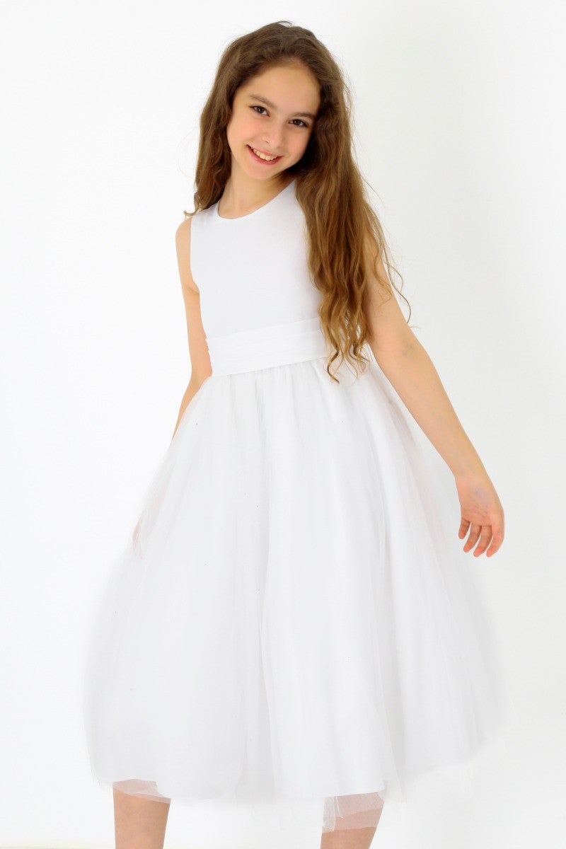 Flower Girls Sleeveless Tulle Communion Dress - White