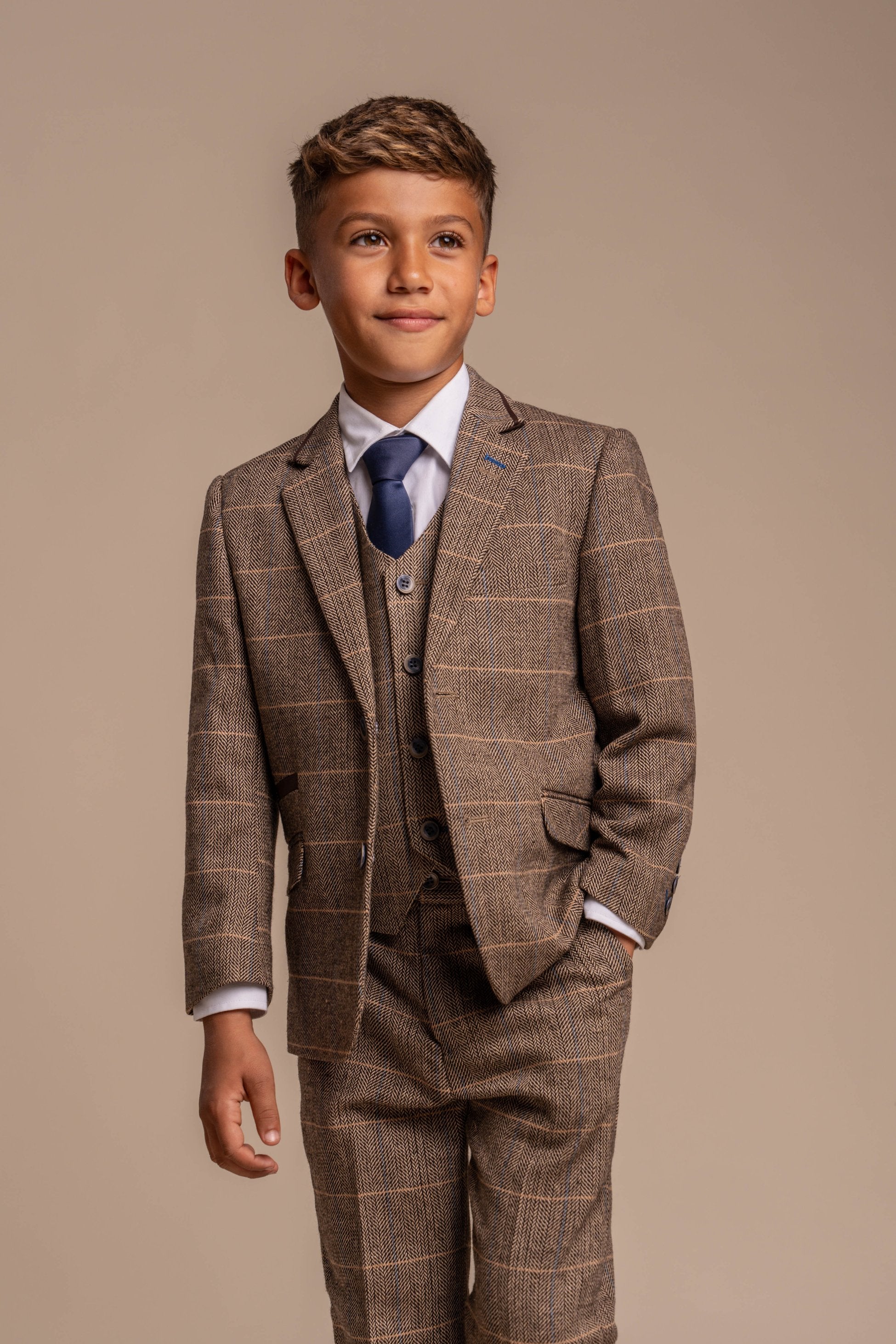 Boys Wool Blend Herringbone Check Suit - ALBERT - Brown