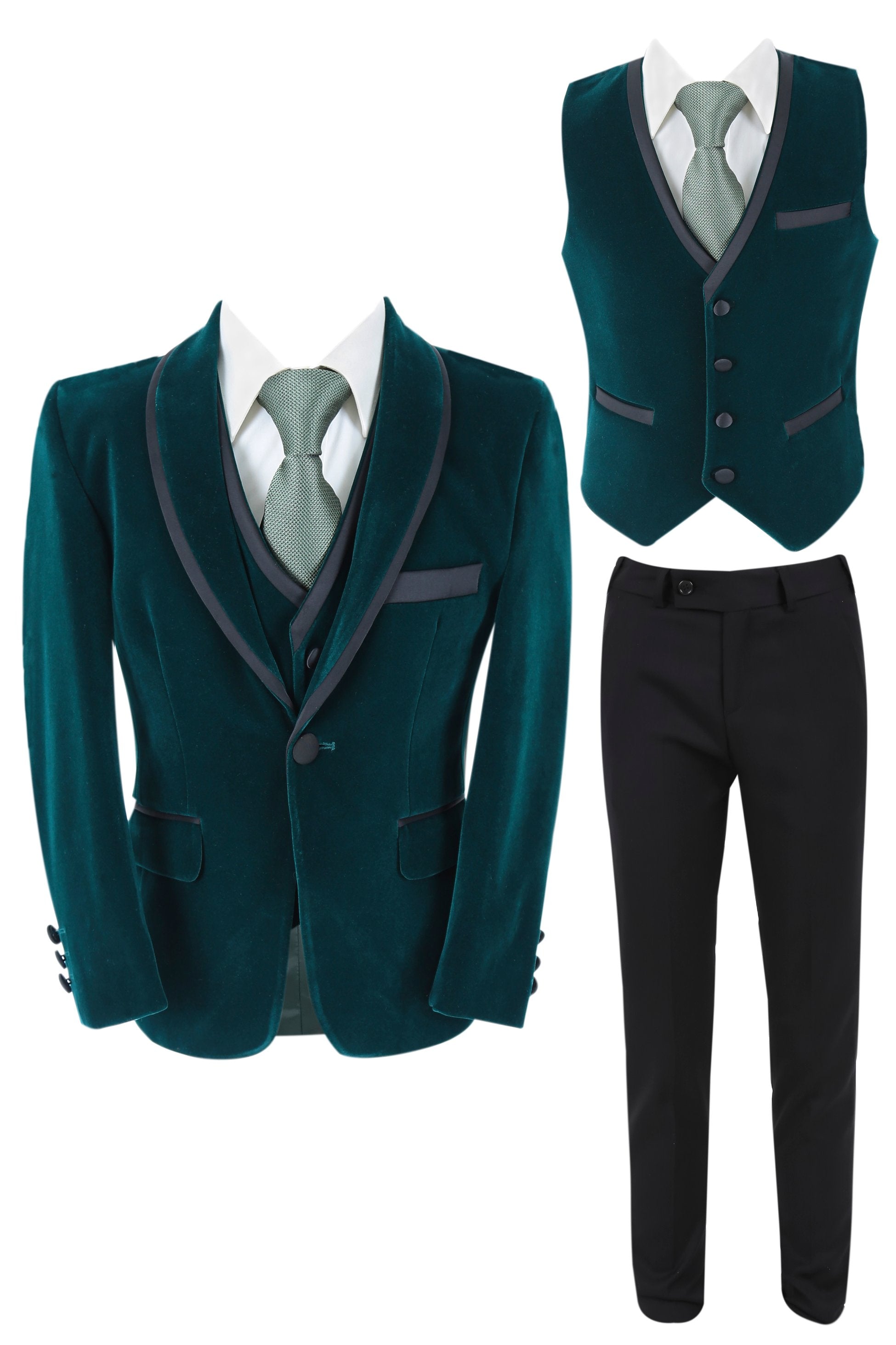 Costume de Smoking en Velours à Passepoil Slim Fit pour Garçons - LONDON - Vert Foncé