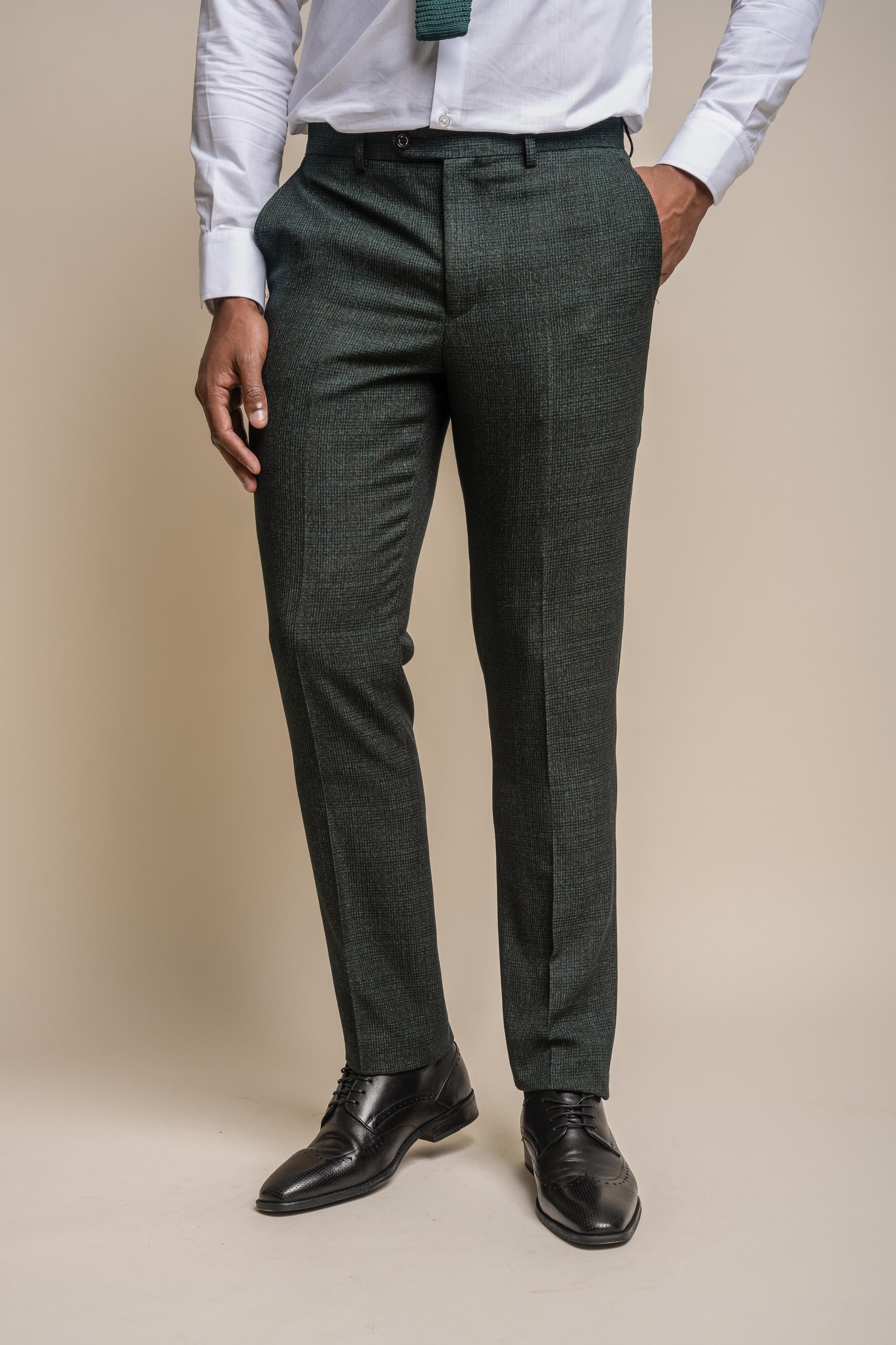 Men's Tweed Houndstooth Check Slim Fit Trousers - CARIDI - Olive Green