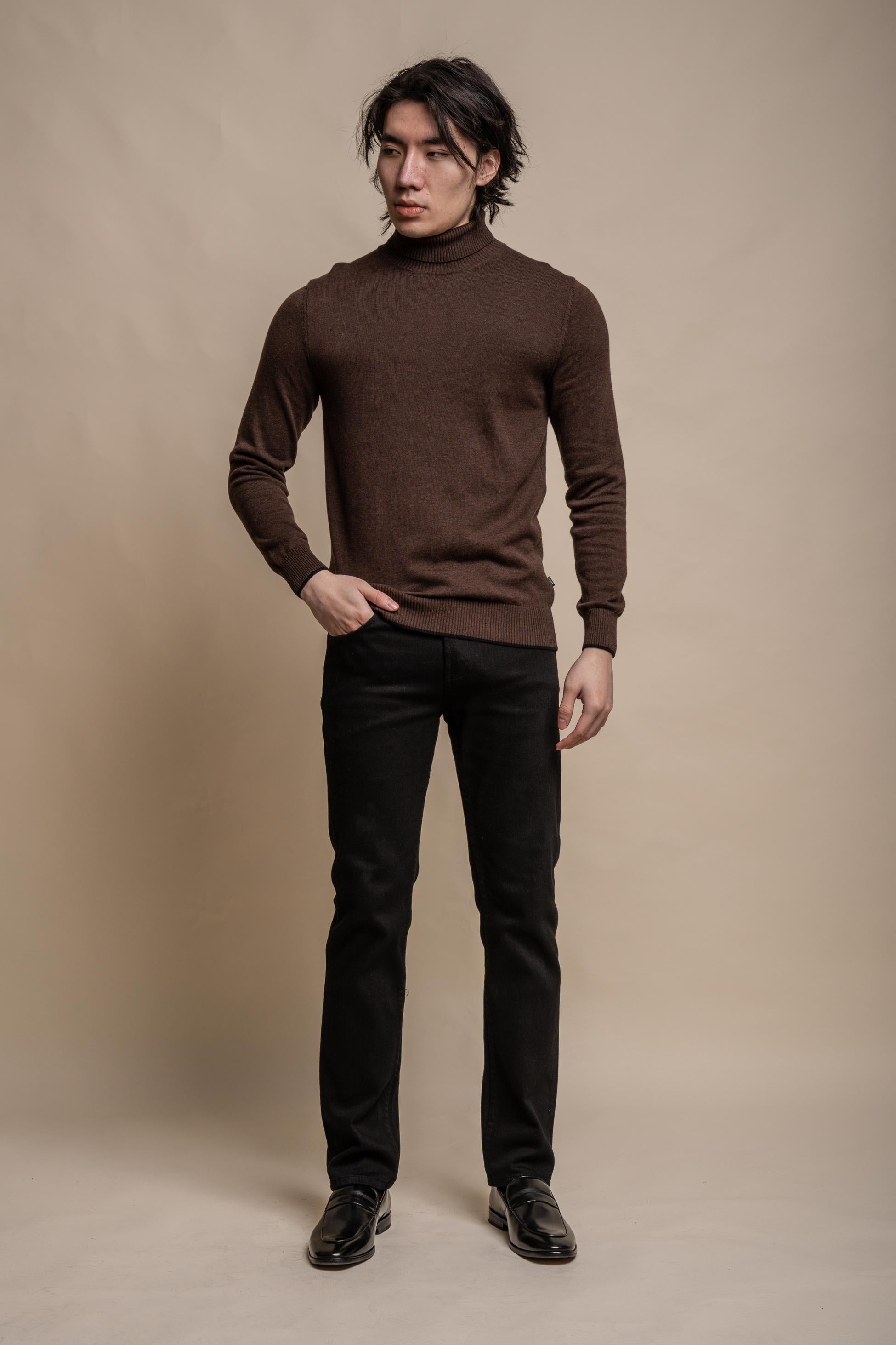 Men's Cotton Turtleneck Jumper - KARRIS - Brown