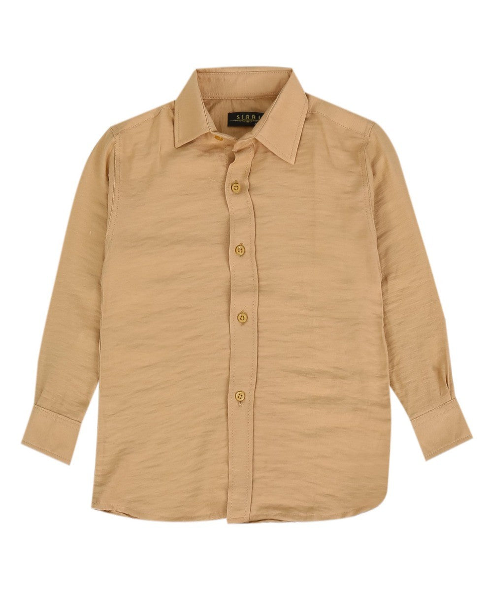 Boys Cotton Linen Classic Collar Shirt - Tan Beige