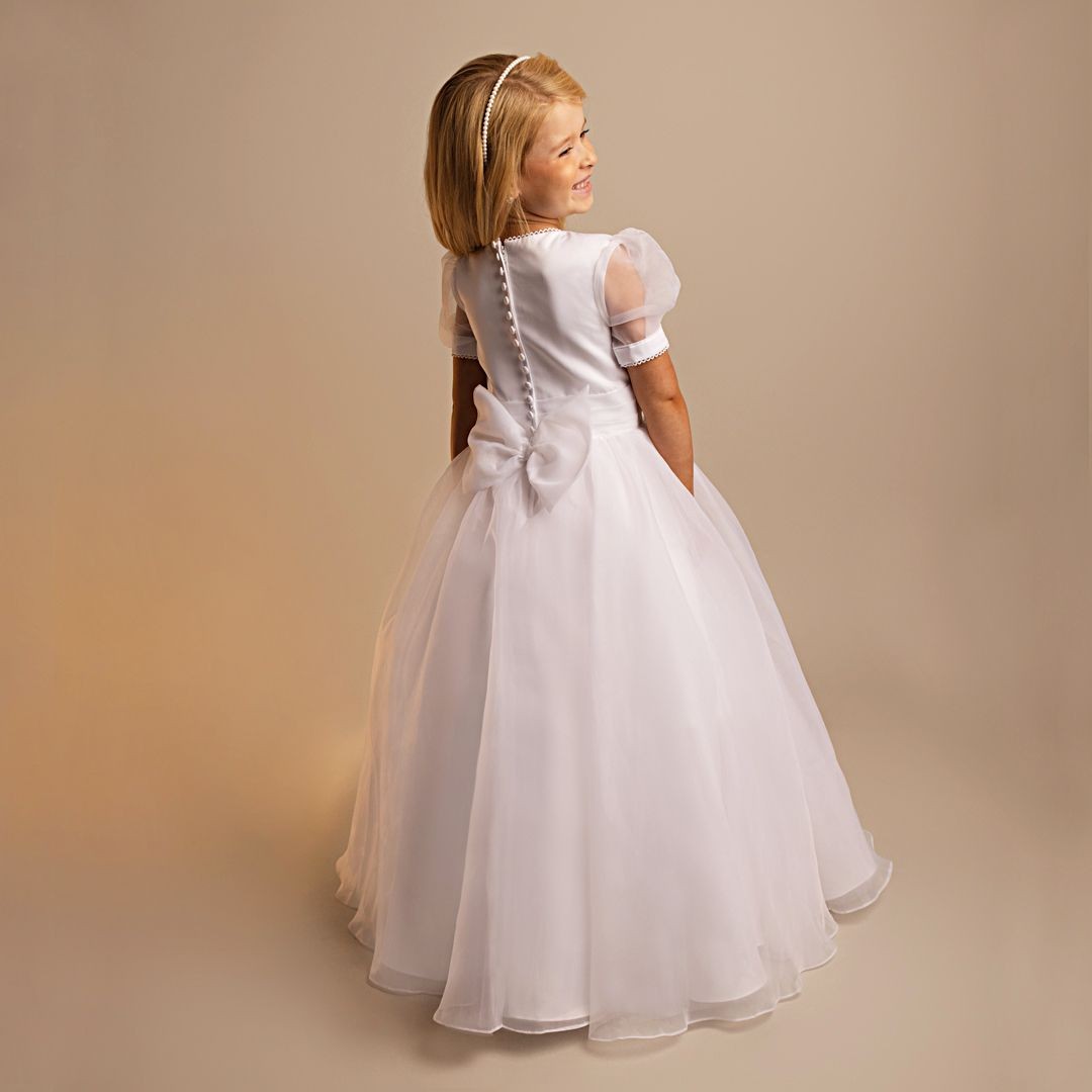 Girls' White Puff Sleeve Communion Dress with Tulle Skirt & Bow - Maryam - White