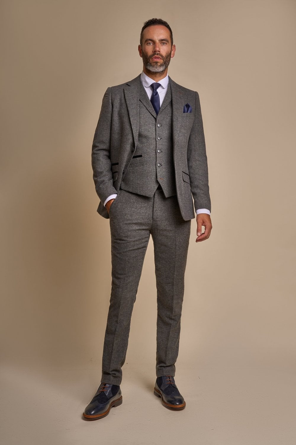 Men's Herringbone Tweed Slim Fit Formal Suit - MARTEZ - Charcoal Grey