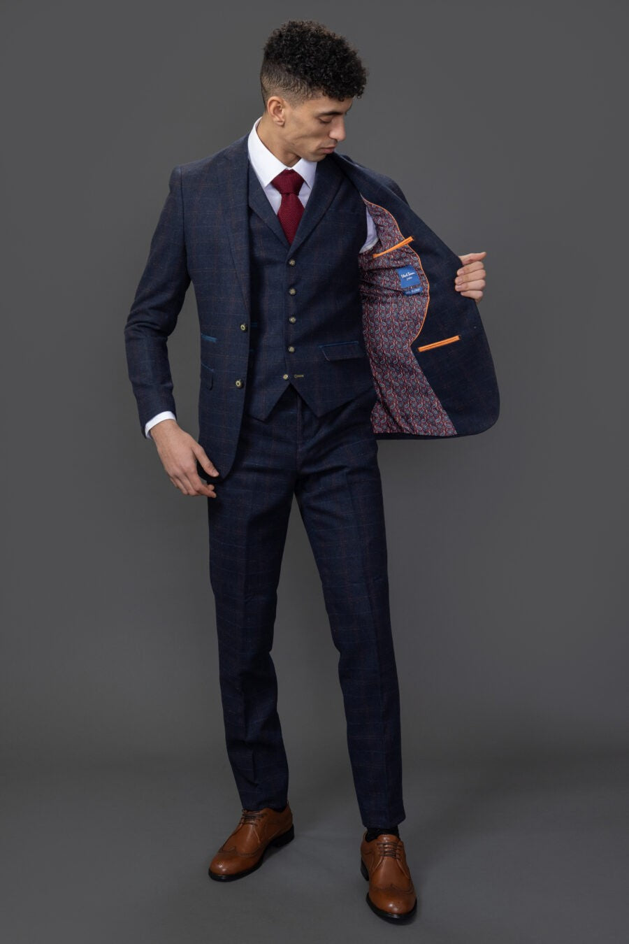 Costume en Tweed à Motif Windowpane Bleu Marine Tailleur pour Homme - RYAN - Bleu Marine