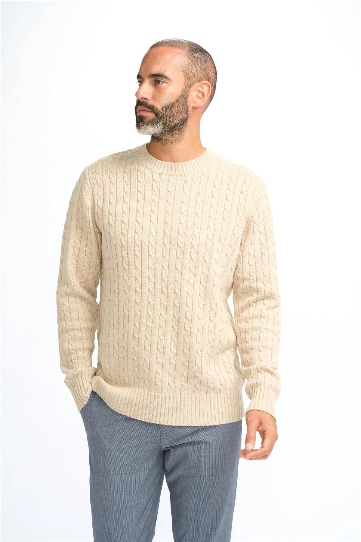 Herren Woll Kabelstrick Pullover Jumper - Foston - Beige Reh