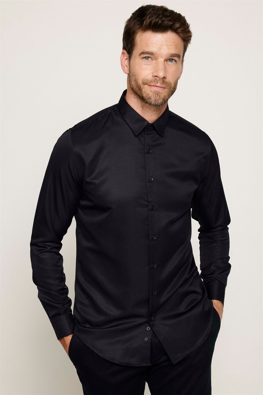 Herren Slim Fit Langarm Hemd - POLY - Schwarz