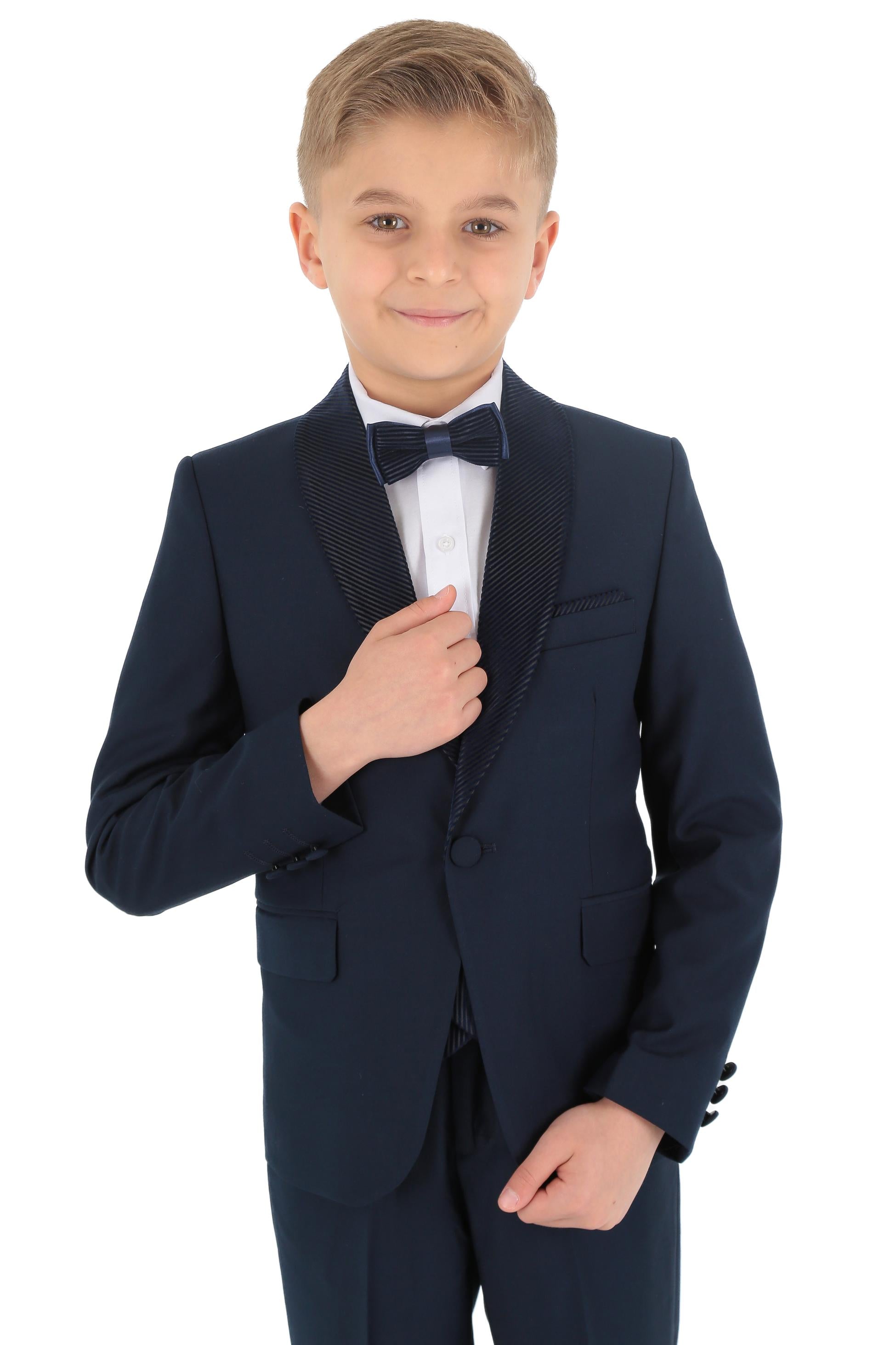 Costume Tuxedo avec Gilet en Velours Côtelé et Revers Shawl pour Garçons - Bleu Marine