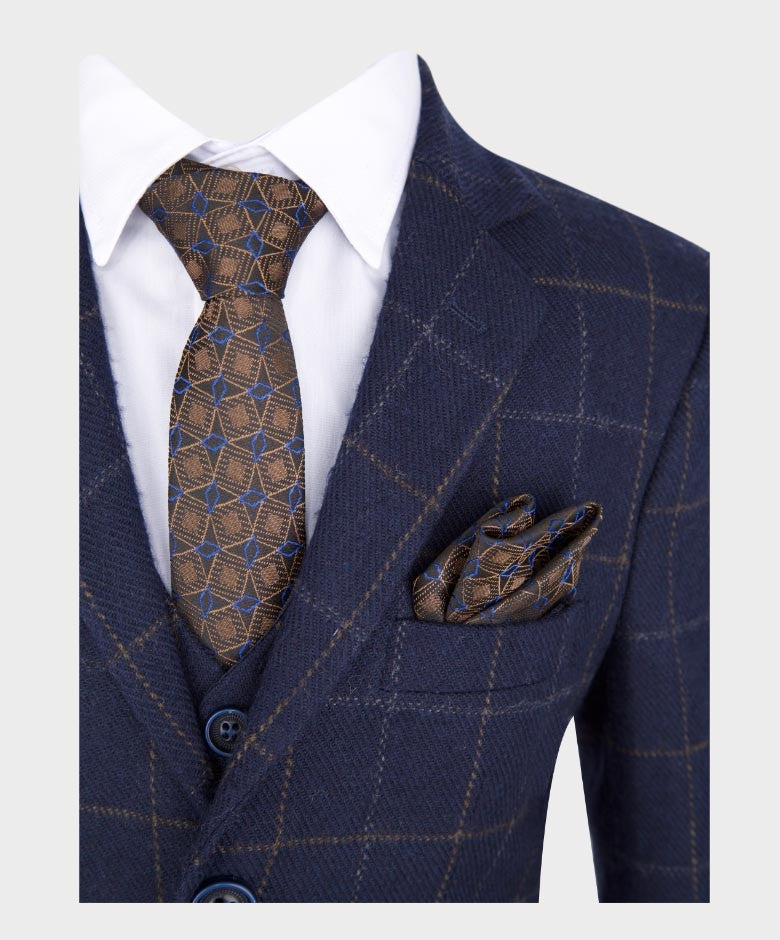 Jungen Maßgeschneiderter Tweed Karo Marineanzug - SHELBY - Marineblau