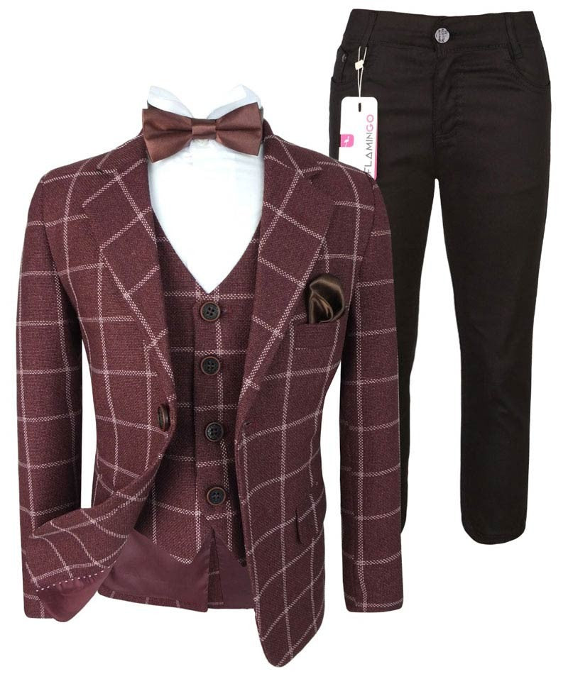 Costume à Carreaux Windowpane Tailored Fit pour Garçons - Marron