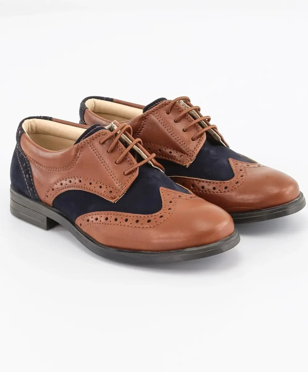 Chaussures Derby Brogue en Cuir Verni et Suède pour Garçons - Marron Clair - Bleu Marine