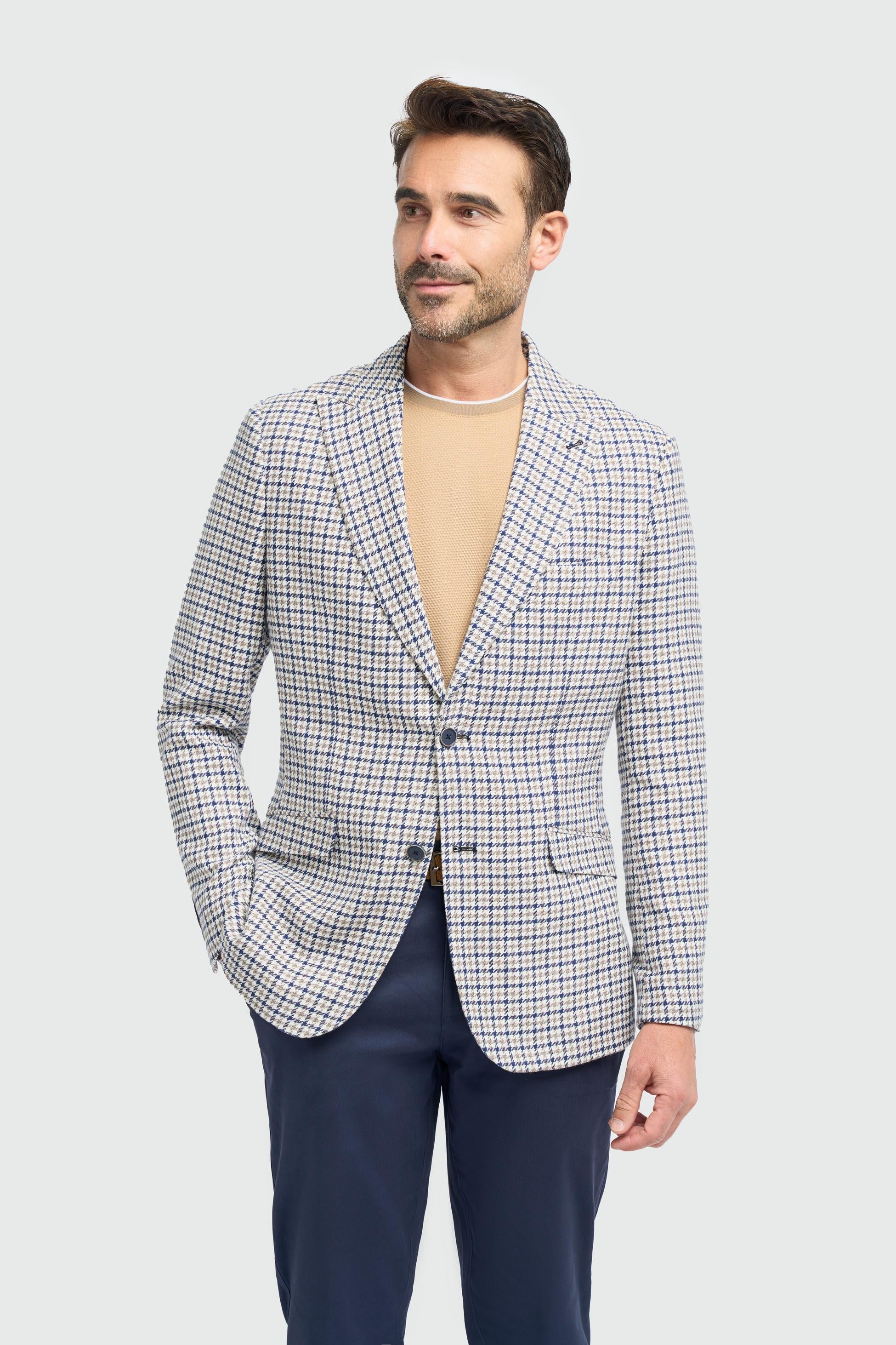 Herren Beiger Baumwolli Hahnentritt Blazer - Bartela - Beige