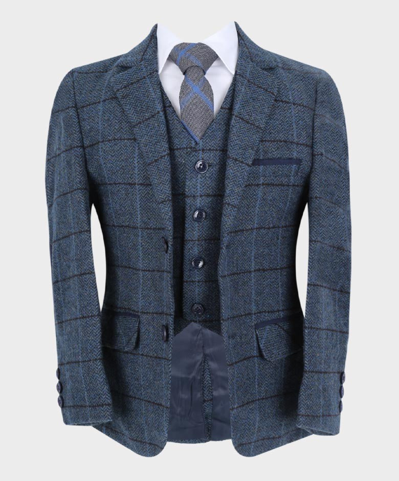 Boys Tailored Fit Herringbone Tweed Check Blue Suit - Blue