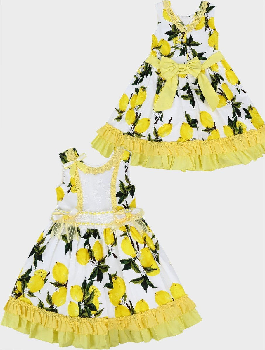 Robe sans Manches en Dentelle à Volants Floraux pour Filles - Blanc et Jaune