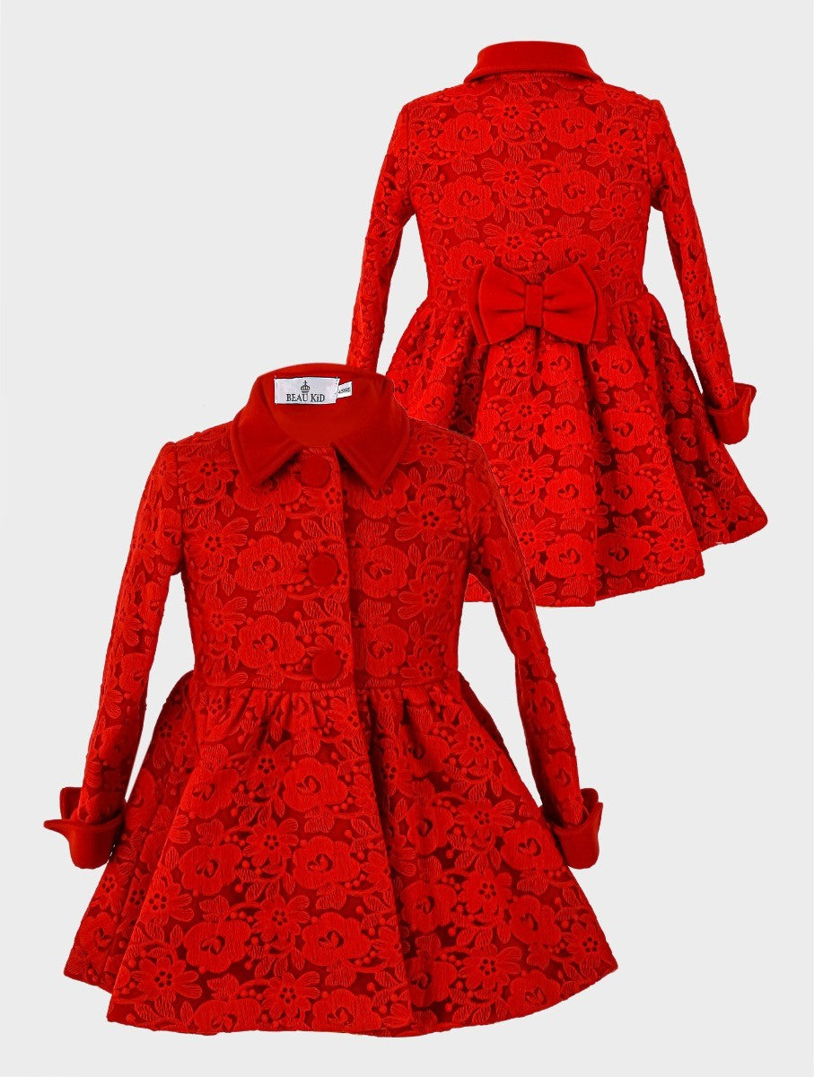 Ensemble Manteau Brodé Fleuri en Dentelle 2 Pièces pour Filles - Rouge