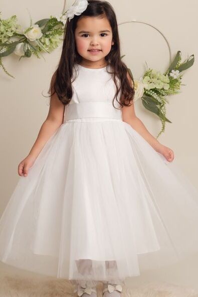 Flower Girl Dress with Tulle Skirt & Bow - HILARY - Ivory