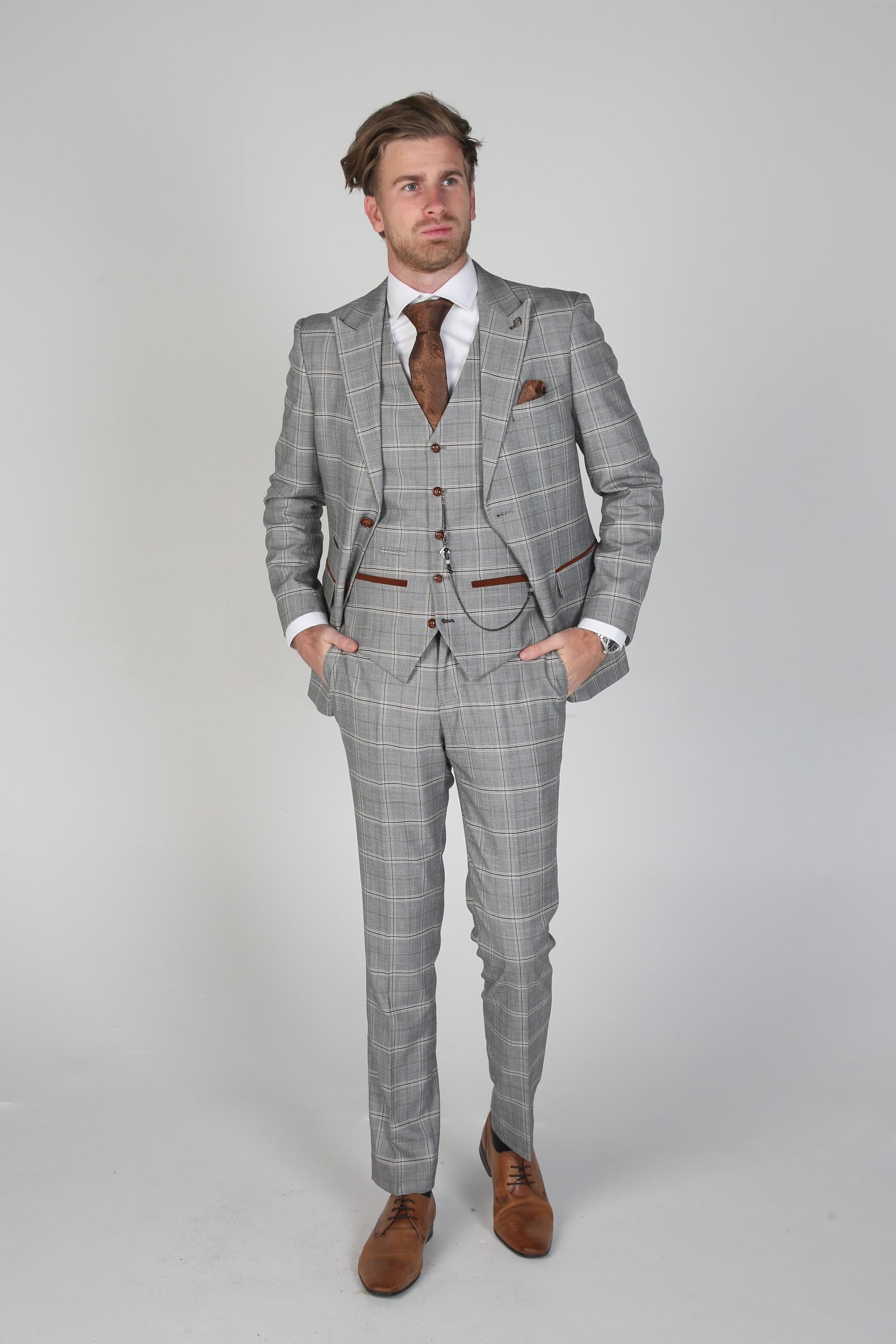 Herren Windowpane Karo Grauer Anzug - FRANCIS - Grau