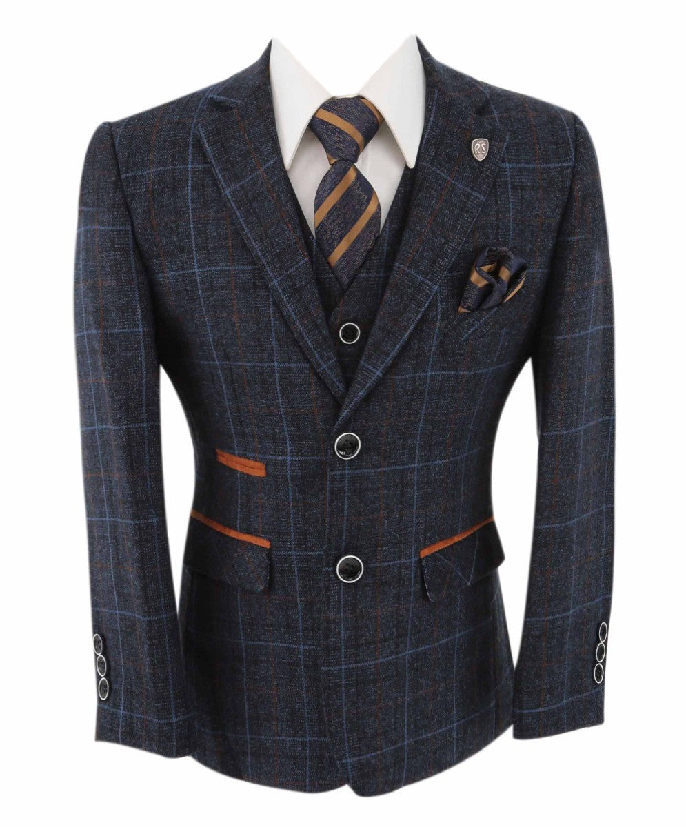 Boys Tailored Fit Retro Check Suit - ANTHONY NAVY - Navy Blue