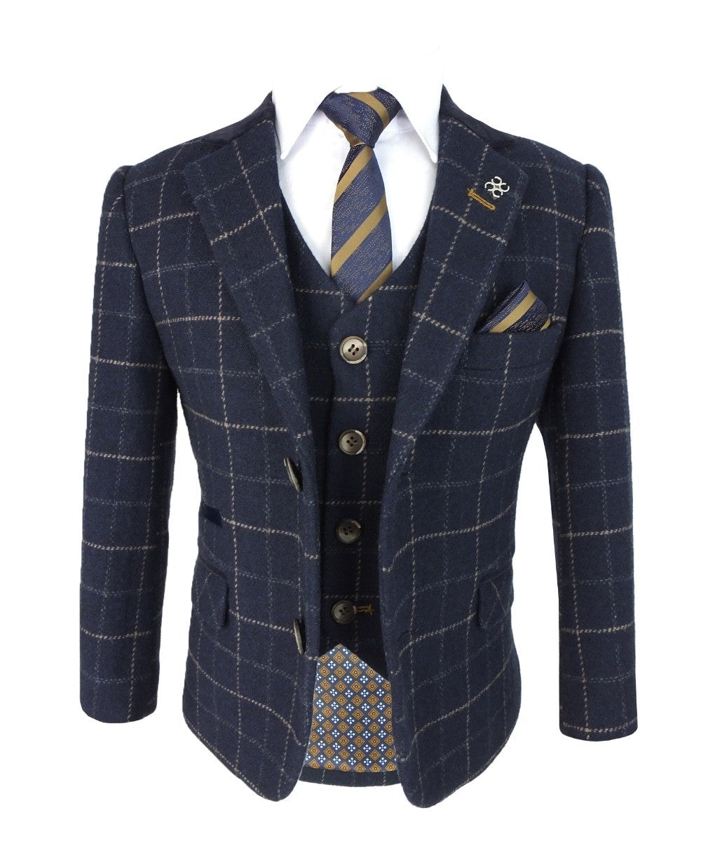 Costume en Tweed à Carreaux Windowpane Slim Fit pour Garçons - SHELBY - Bleu Marine