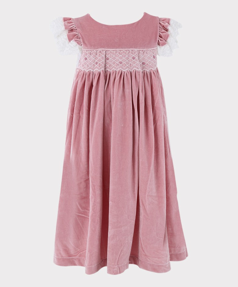 Ensemble de Robe de Nuit en Velours Smocké 2 Pièces pour Filles - Rose