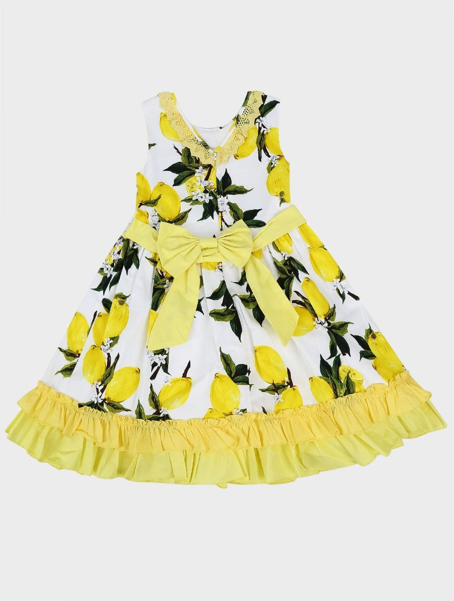 Robe sans Manches en Dentelle à Volants Floraux pour Filles - Blanc et Jaune