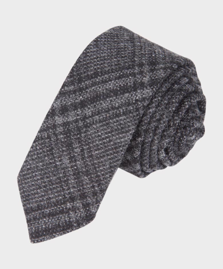 Ensemble Cravate et Mouchoir en Tweed à Carreaux Gris pour Garçons - Gris Charbon