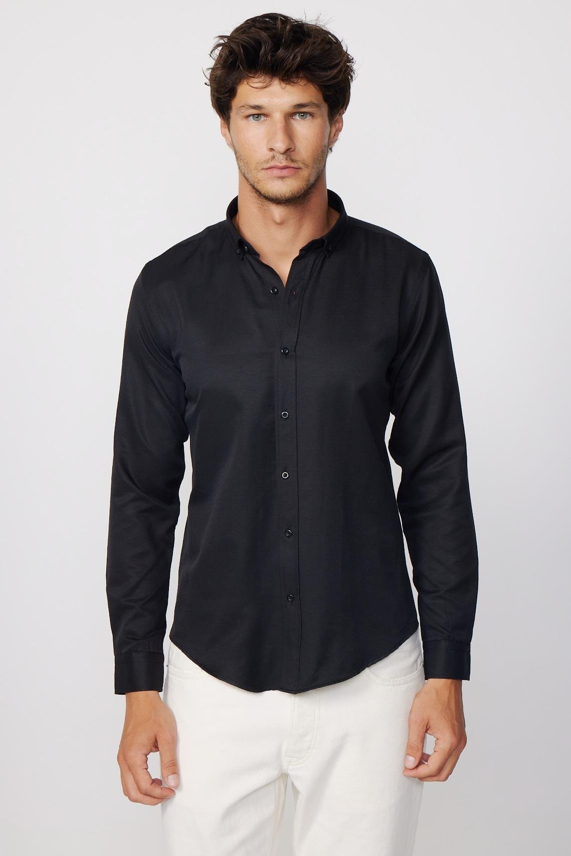 Chemise en coton ajustée à col boutonné - GABARDIN - Noir