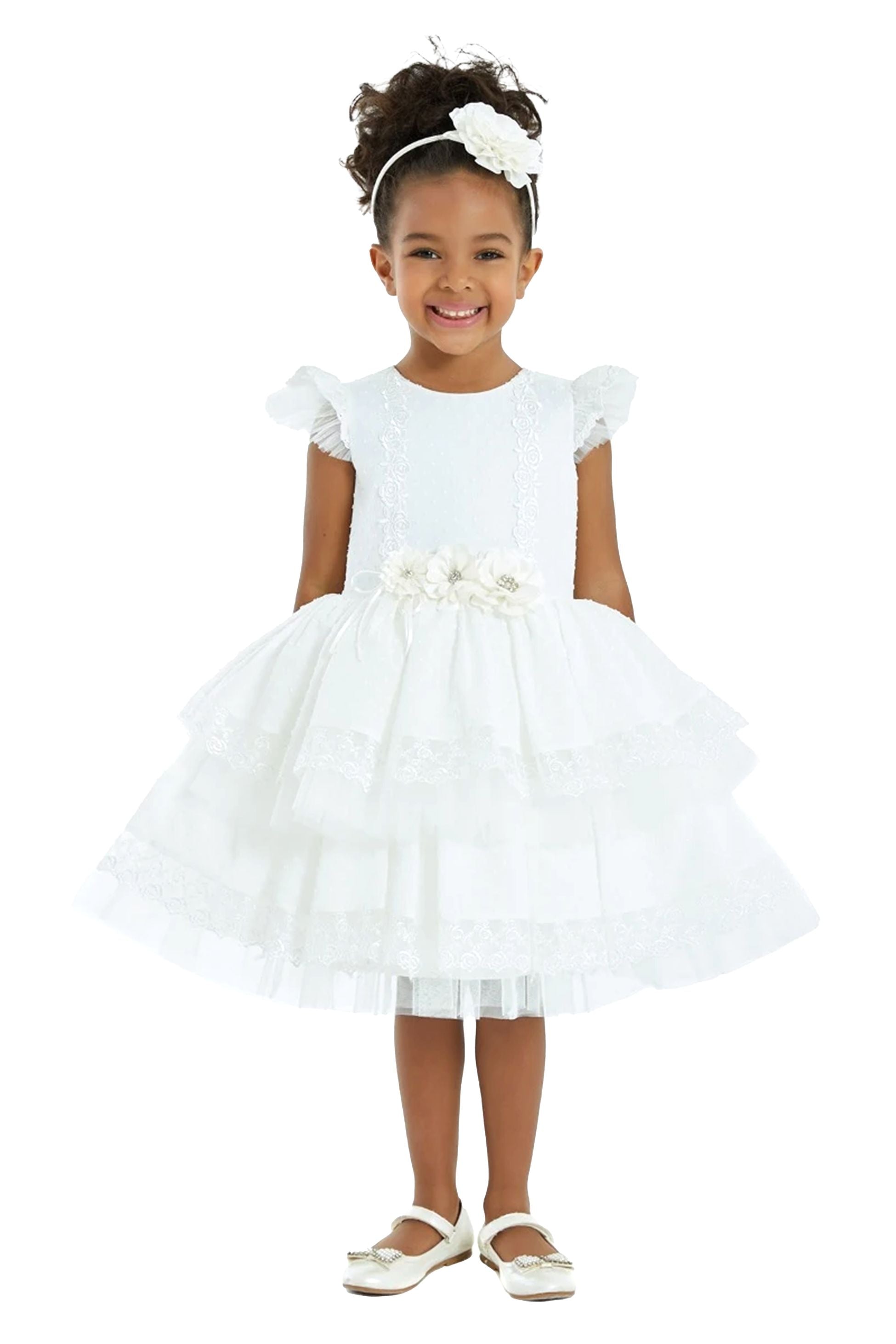 Girls Ruffles Embroidered short Sleeve Dress - Ecru