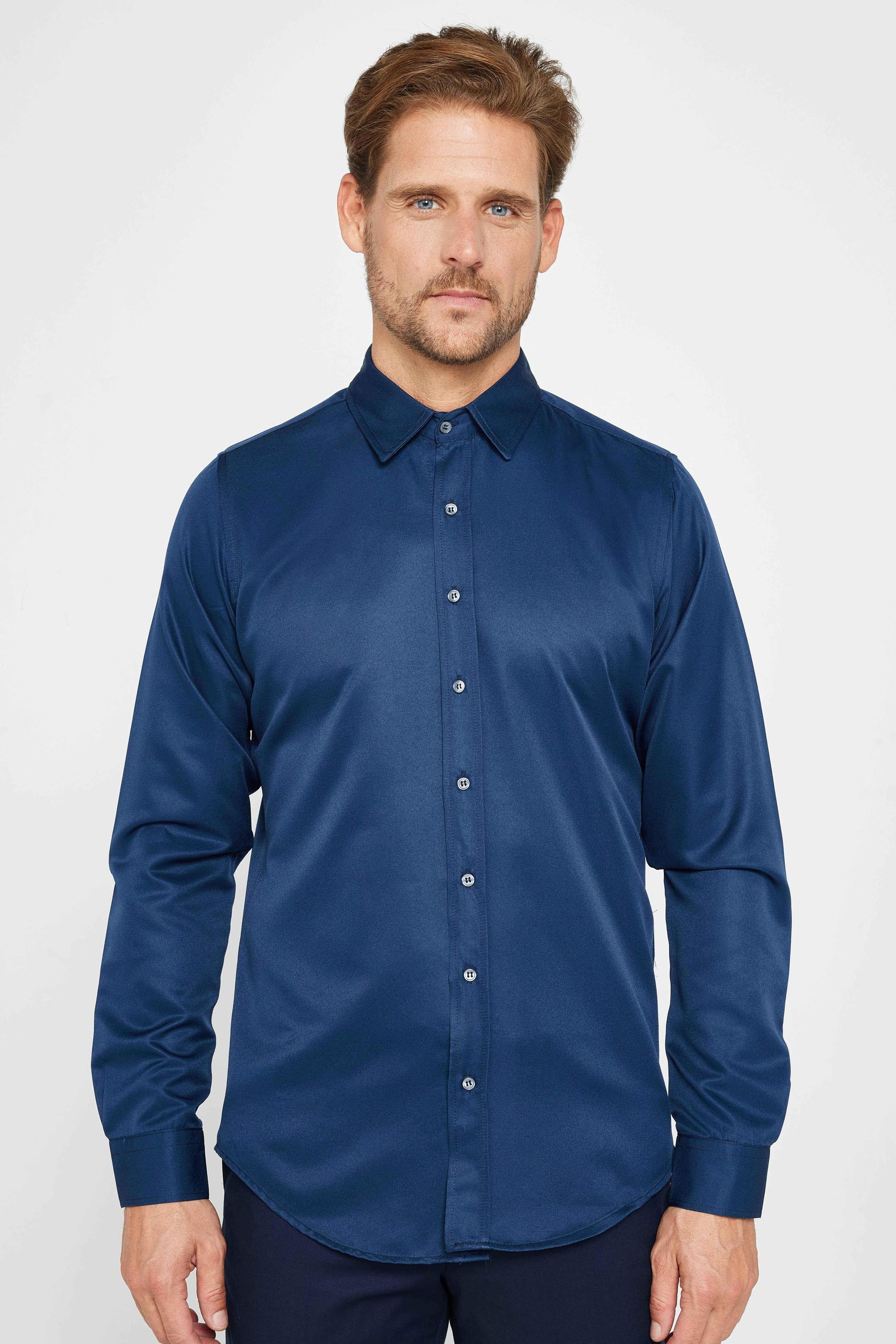 Men's Slim Fit Long Sleeve Dress Shirt - POLY - Navy Blue