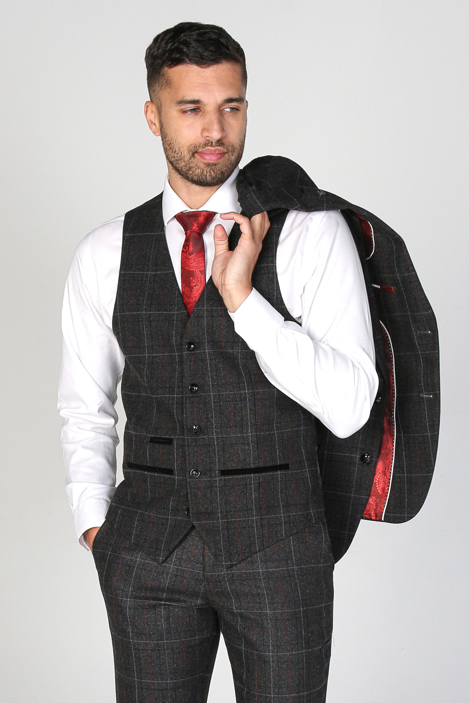 Men's Windowpane Tailored Fit Waistcoat- HARVEY - Charcoal Grey