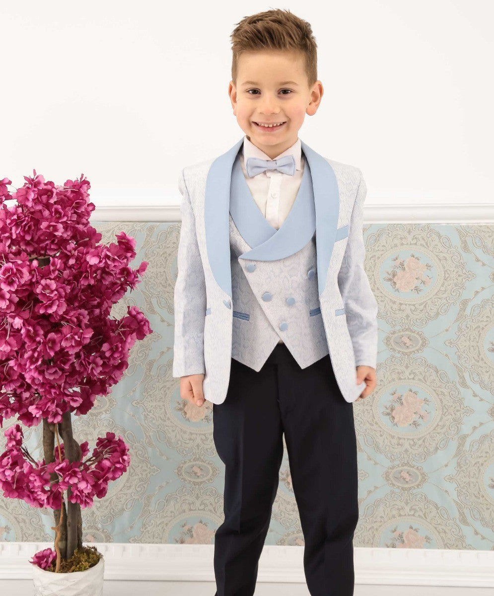 Jungen Jacquard Gemustertes Tuxedo Anzug - ASHLEY - Eisblau