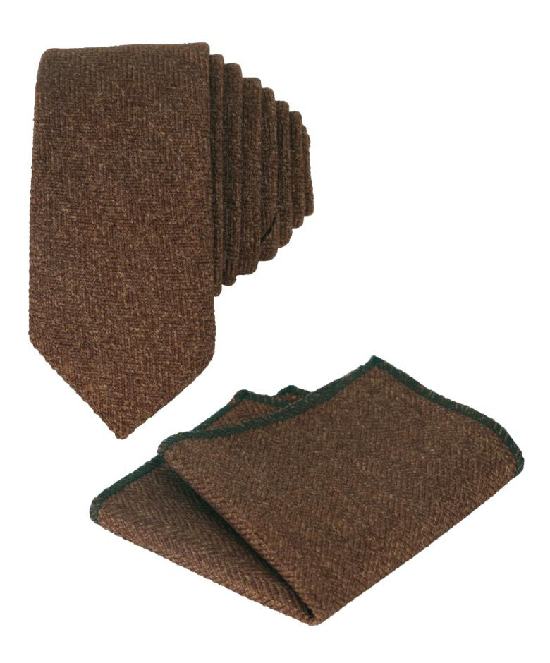 Jungen & Herren Fischgrät Tweed Krawatte & Taschentuch-Set - Zimtbraun