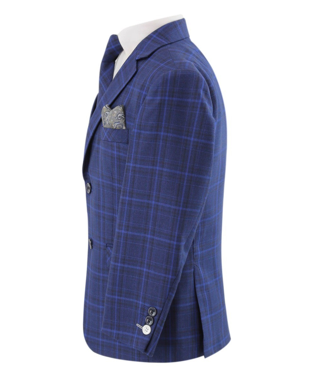 Boys Retro Check Tailored Fit Blue Suit - MATTHEW - Dark Blue