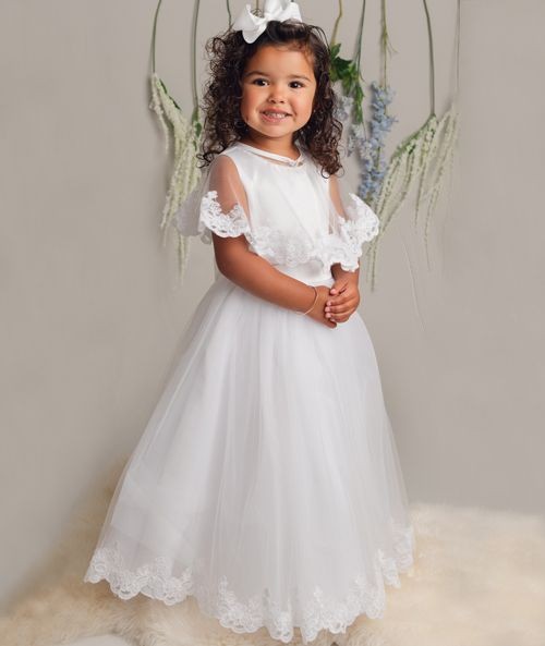 Robe longue pour fille avec cape en tulle – CLAIRE - Blanc