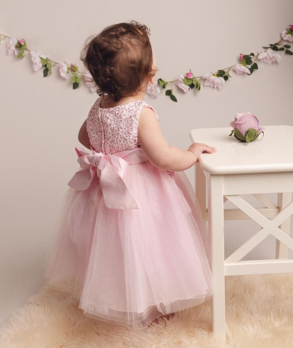 Robe à Corsage Fleuri et Nœud pour Fillettes - PC-1025 - Rose