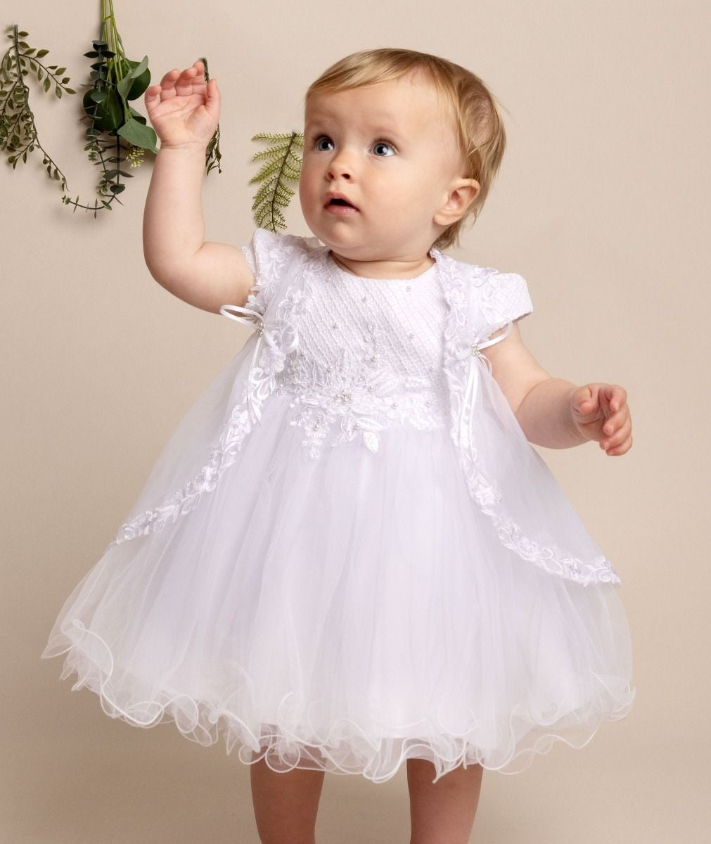 Baby Girls White Tulle Christening Dress Set - FAITH - White