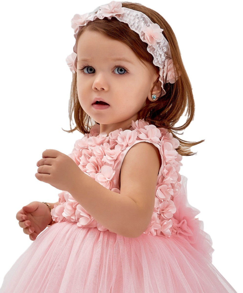 Ensemble Robe sans Manches en Tulle Fleuri pour Fillettes - Rose